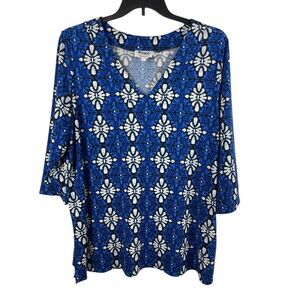 VTG Leota for Dia & Co Blue White Floral Geometric Print Top 3L V-Neck Stretch